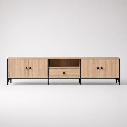 Meuble TV en bois avec rangement, portes latérales et niche ouverte en chêne sonoma