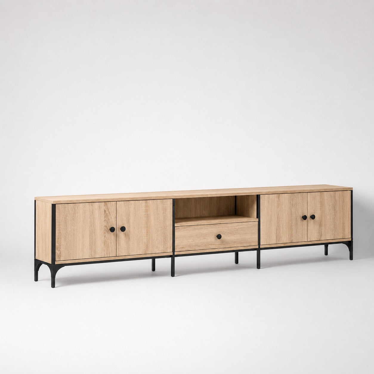 Meuble TV en bois avec rangement finition chêne sonoma clair et pieds métal noirs