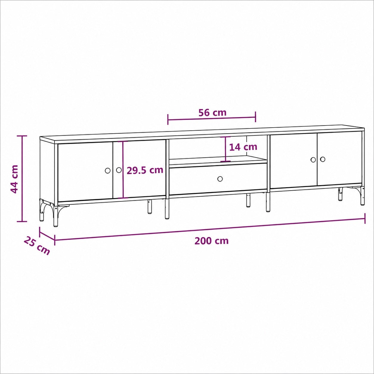 Dimensions du meuble TV en bois avec rangement 200 cm, niche centrale et tiroir intégré