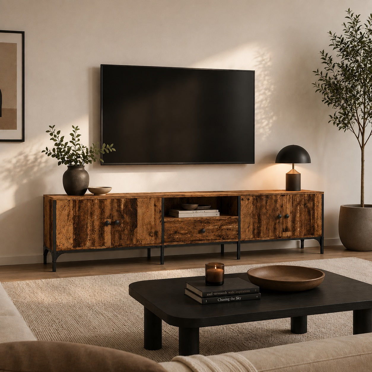 Meuble TV en bois avec rangement vieux bois dans un salon chaleureux et raffiné