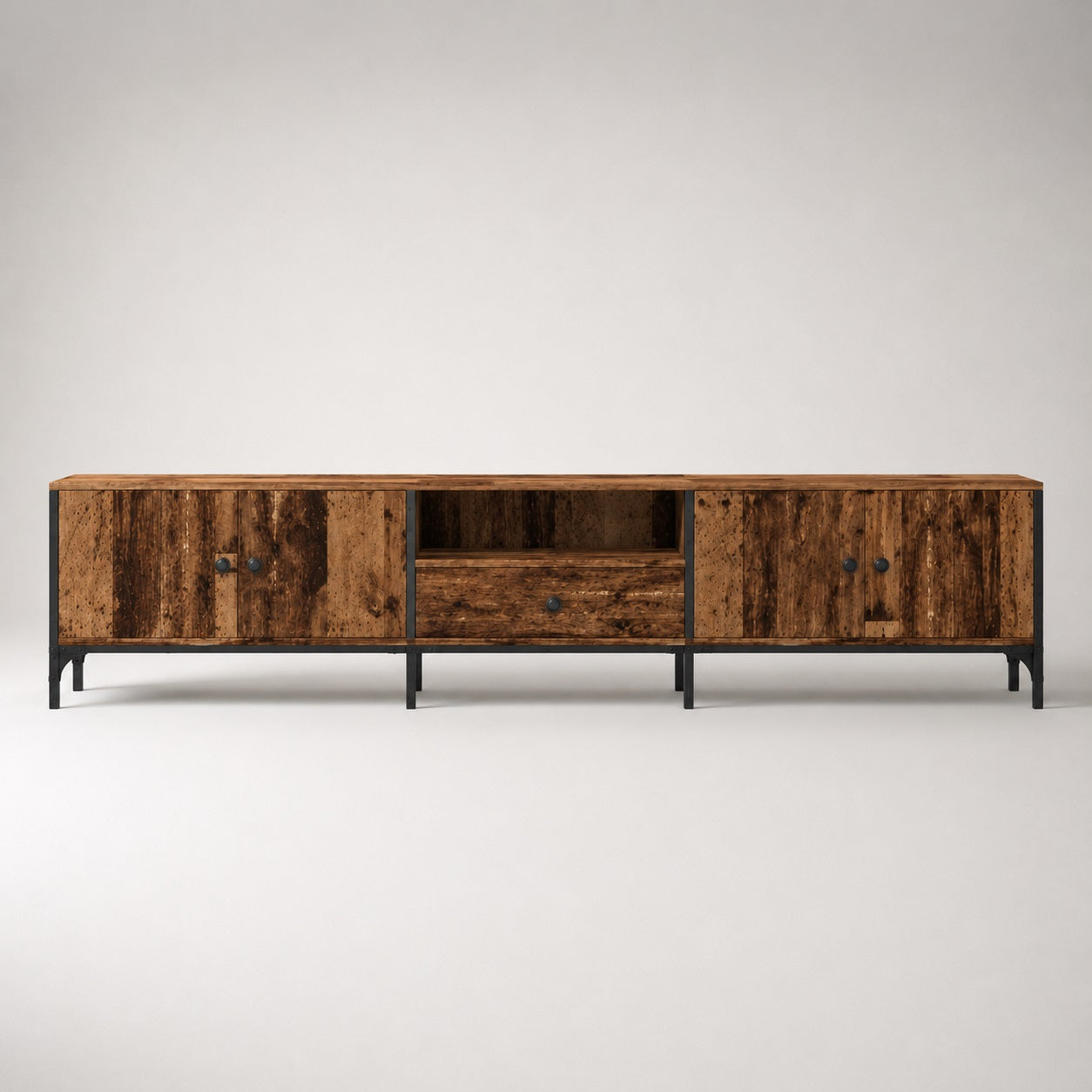 Meuble TV en bois avec rangement finition vieux bois, 4 portes et tiroir central
