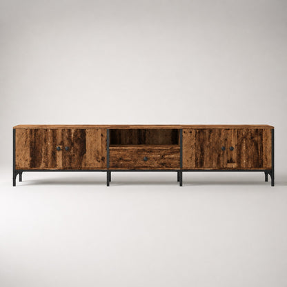 Meuble TV en bois avec rangement finition vieux bois, 4 portes et tiroir central