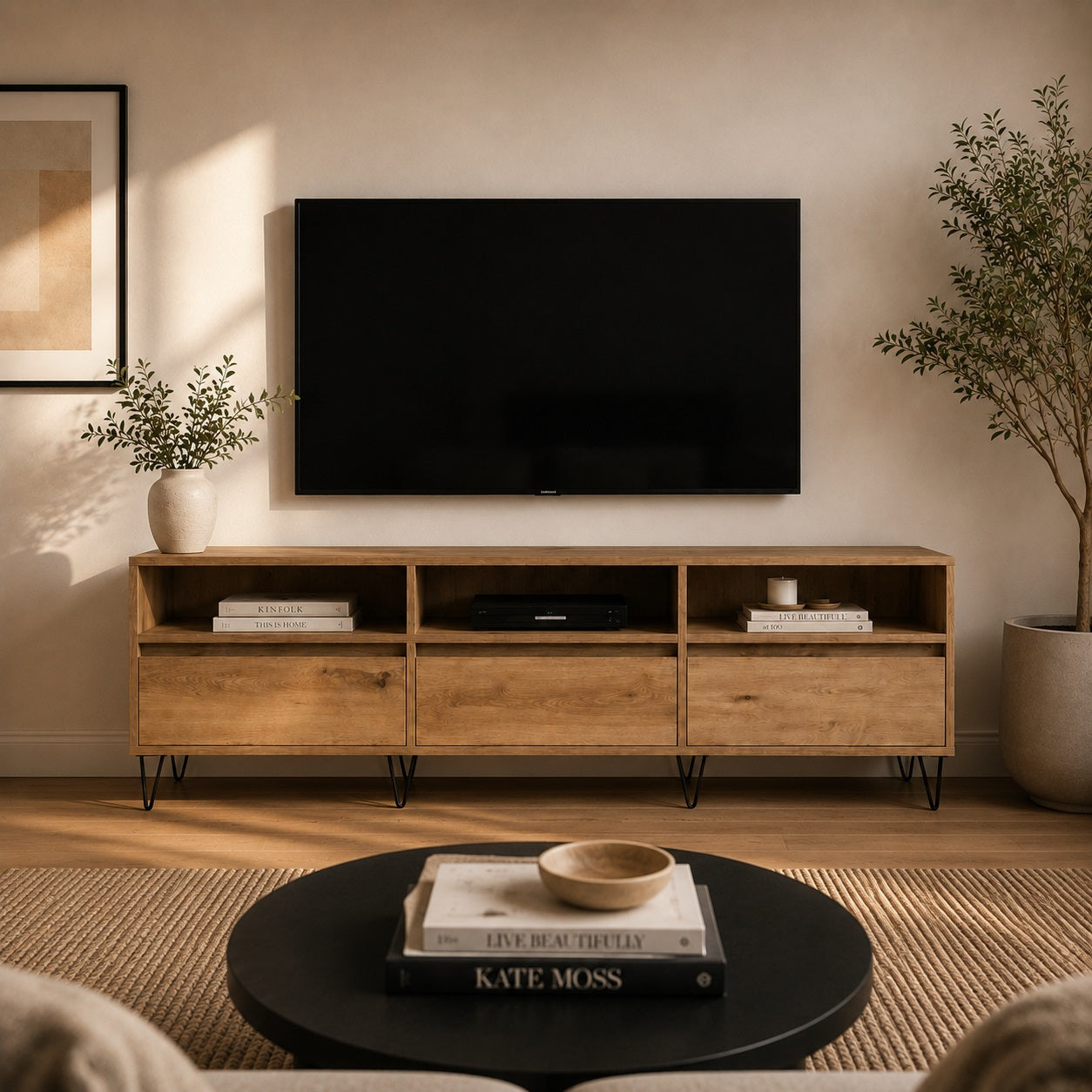Meuble TV en bois avec rangement spacieux sous écran, parfait pour un salon moderne et fonctionnel.