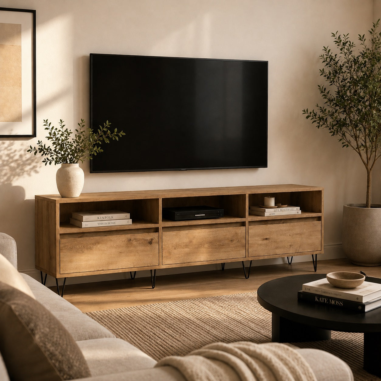 Meuble TV en bois avec rangement pratique et design épuré pour une ambiance chaleureuse et moderne.