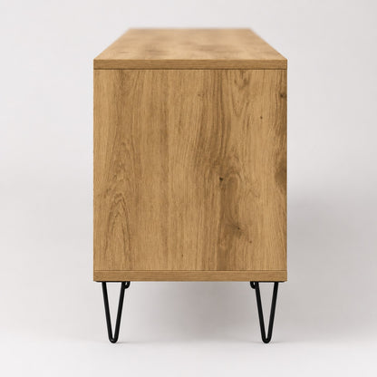 Vue latérale du meuble TV en bois avec rangement, finition chêne artisanal et pieds métal noirs.