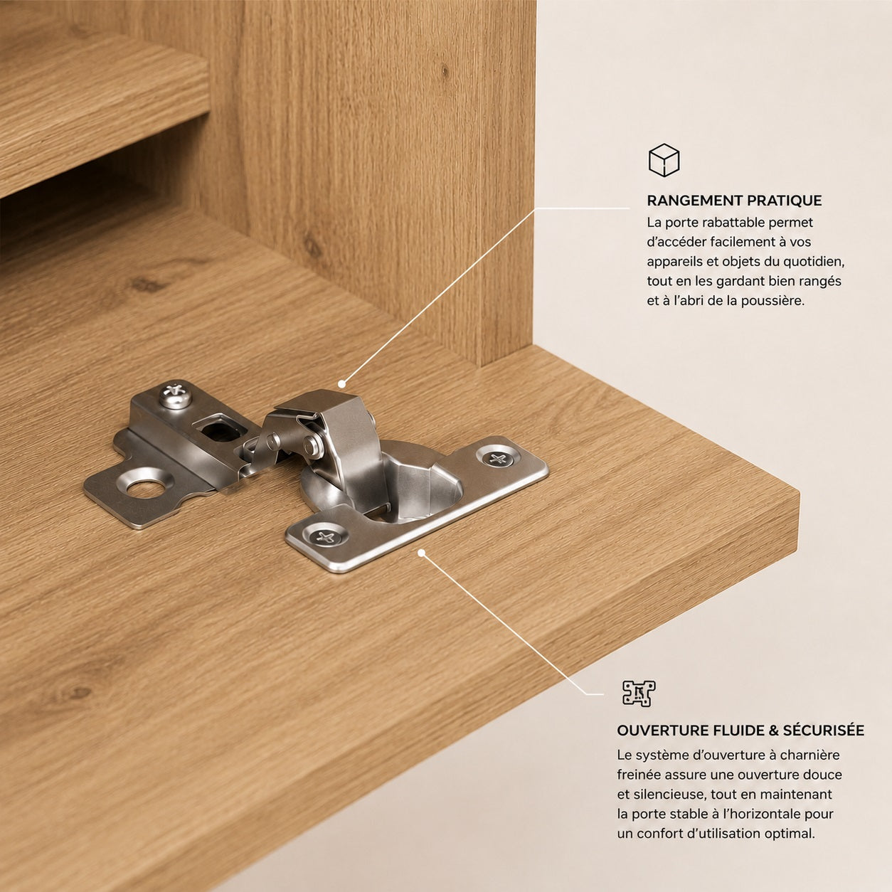Charnière de meuble TV en bois avec rangement, ouverture douce et accès facile aux compartiments.