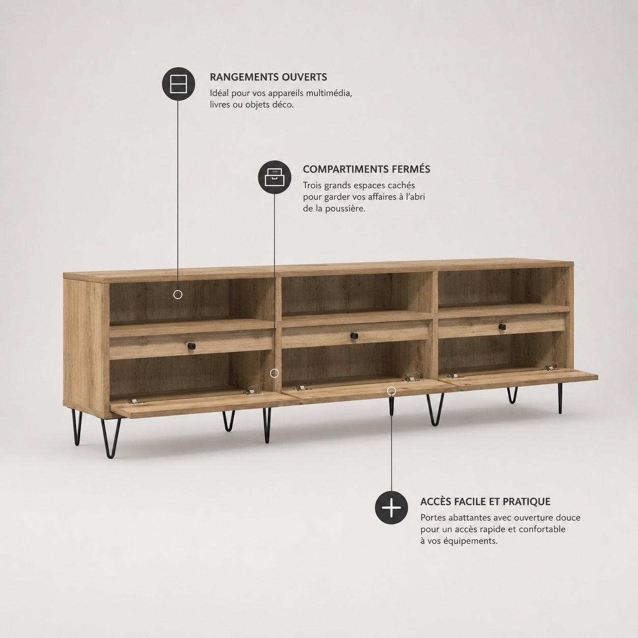 Meuble TV en bois avec rangement, niches ouvertes et compartiments fermés pour un salon organisé.