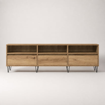 Meuble TV en bois avec rangement, trois portes abattantes et design industriel élégant.