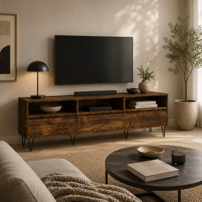Meuble TV en bois avec rangement en chêne fumé, idéal pour un salon chaleureux et moderne.