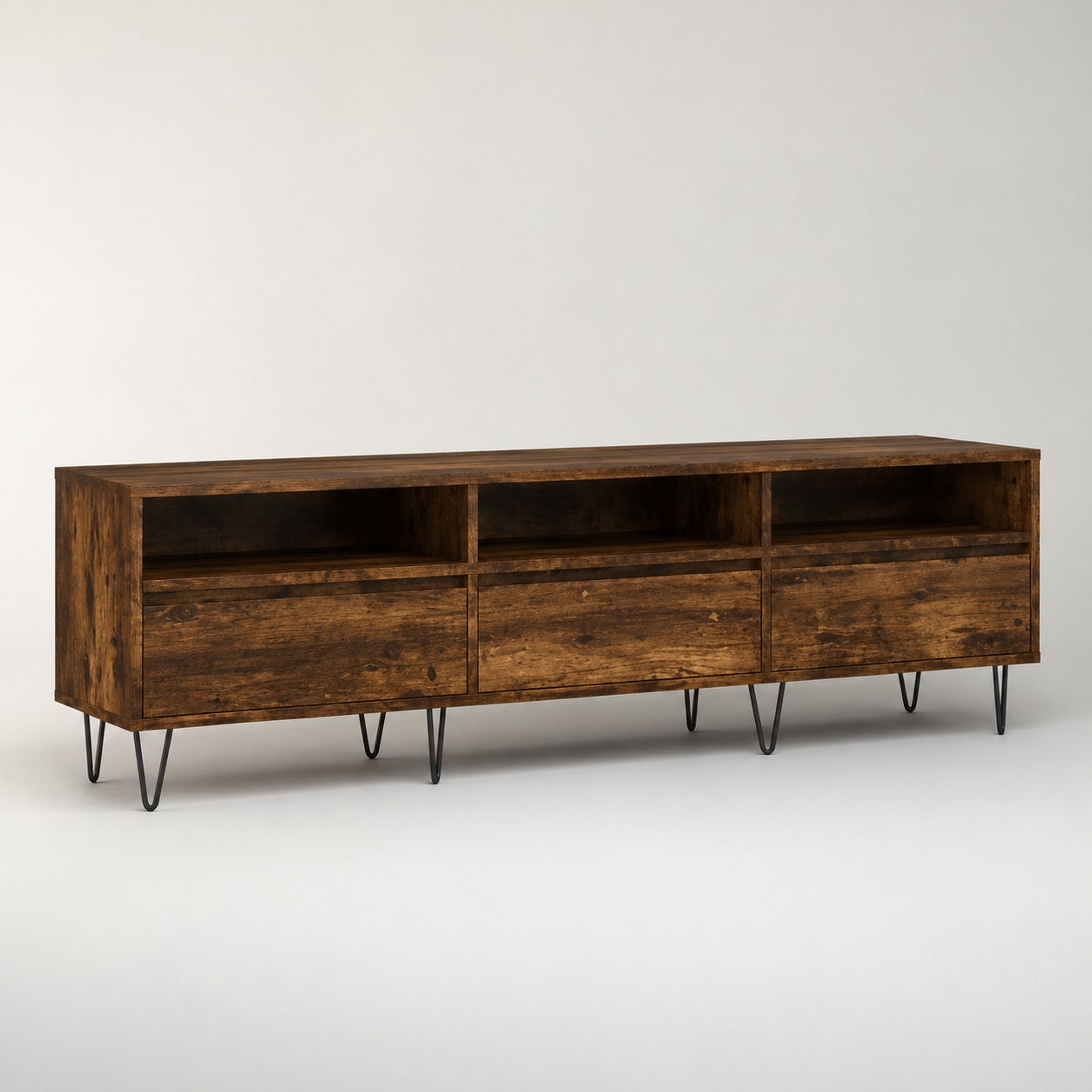 Meuble TV en bois avec rangement finition chêne fumé, design industriel et rangements intégrés.