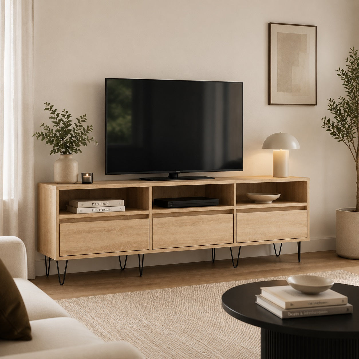 Meuble TV en bois avec rangement en chêne sonoma, parfait pour un salon lumineux et moderne.