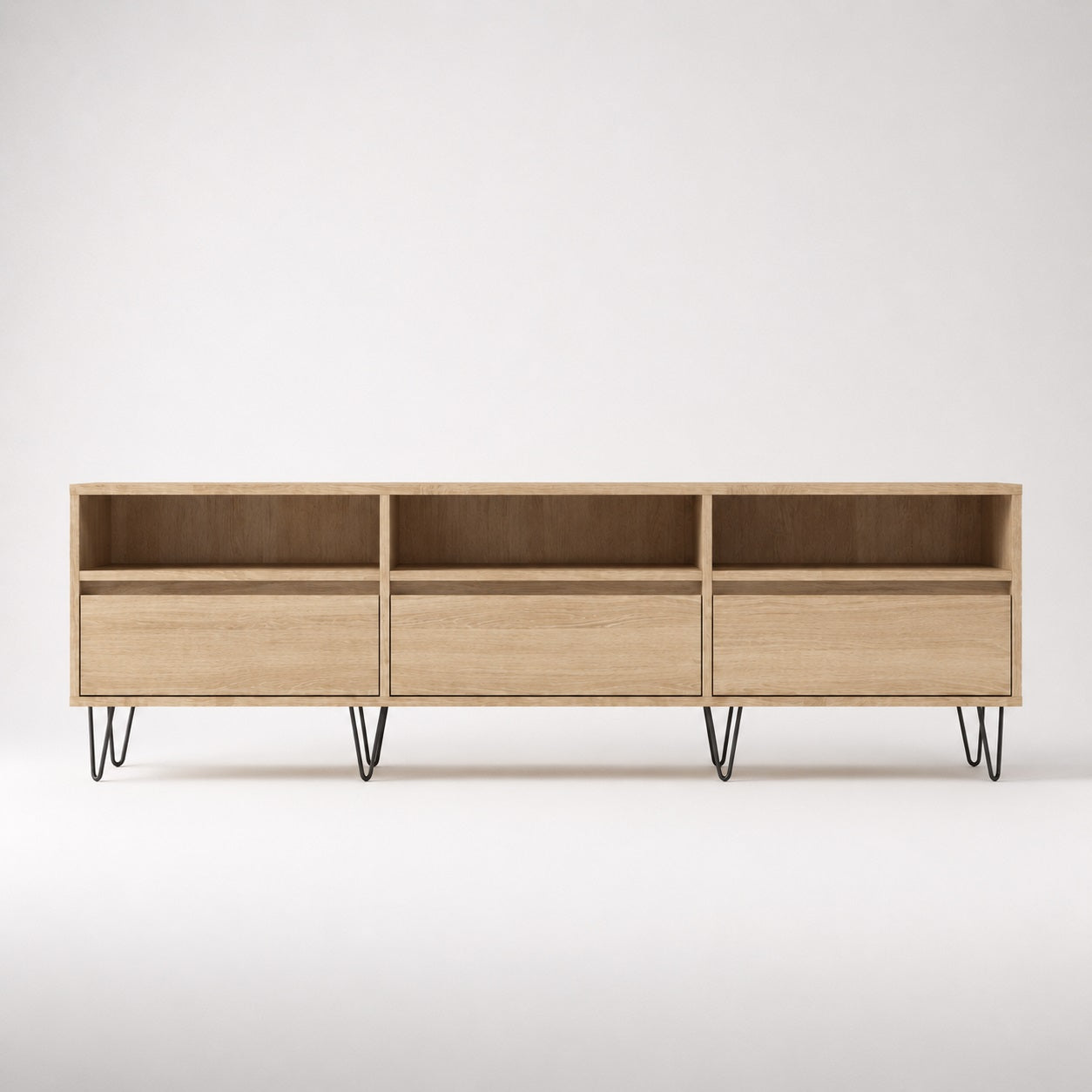 Meuble TV en bois avec rangement, finition chêne sonoma et trois espaces de stockage.