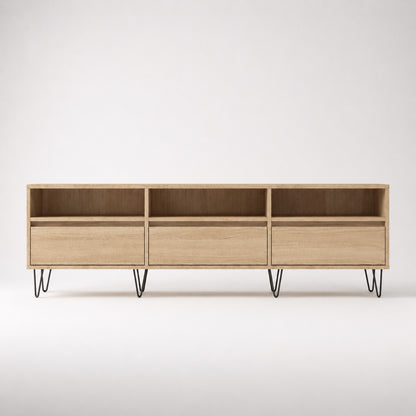Meuble TV en bois avec rangement, finition chêne sonoma et trois espaces de stockage.
