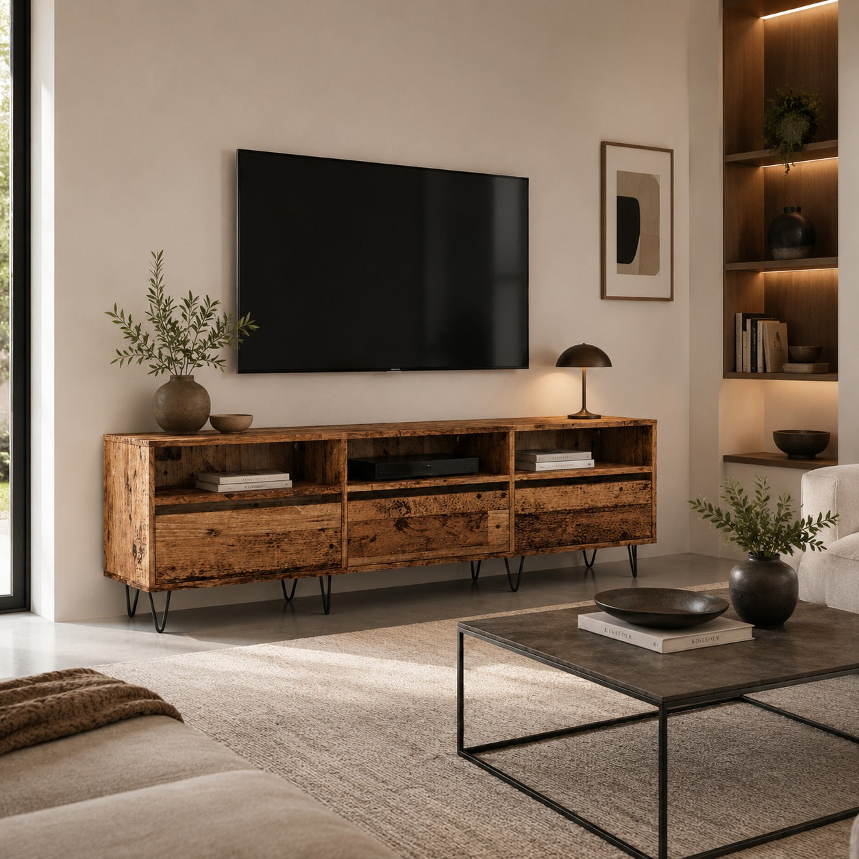 Meuble TV en bois avec rangement effet vieux bois, parfait pour un intérieur chaleureux.