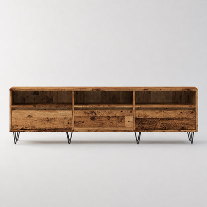 Meuble TV en bois avec rangement effet vieux bois, trois compartiments et design industriel sur pieds métal.
