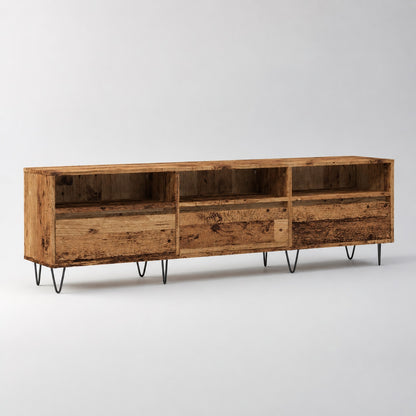 Meuble TV en bois avec rangement effet vieux bois, caractère authentique et style industriel.