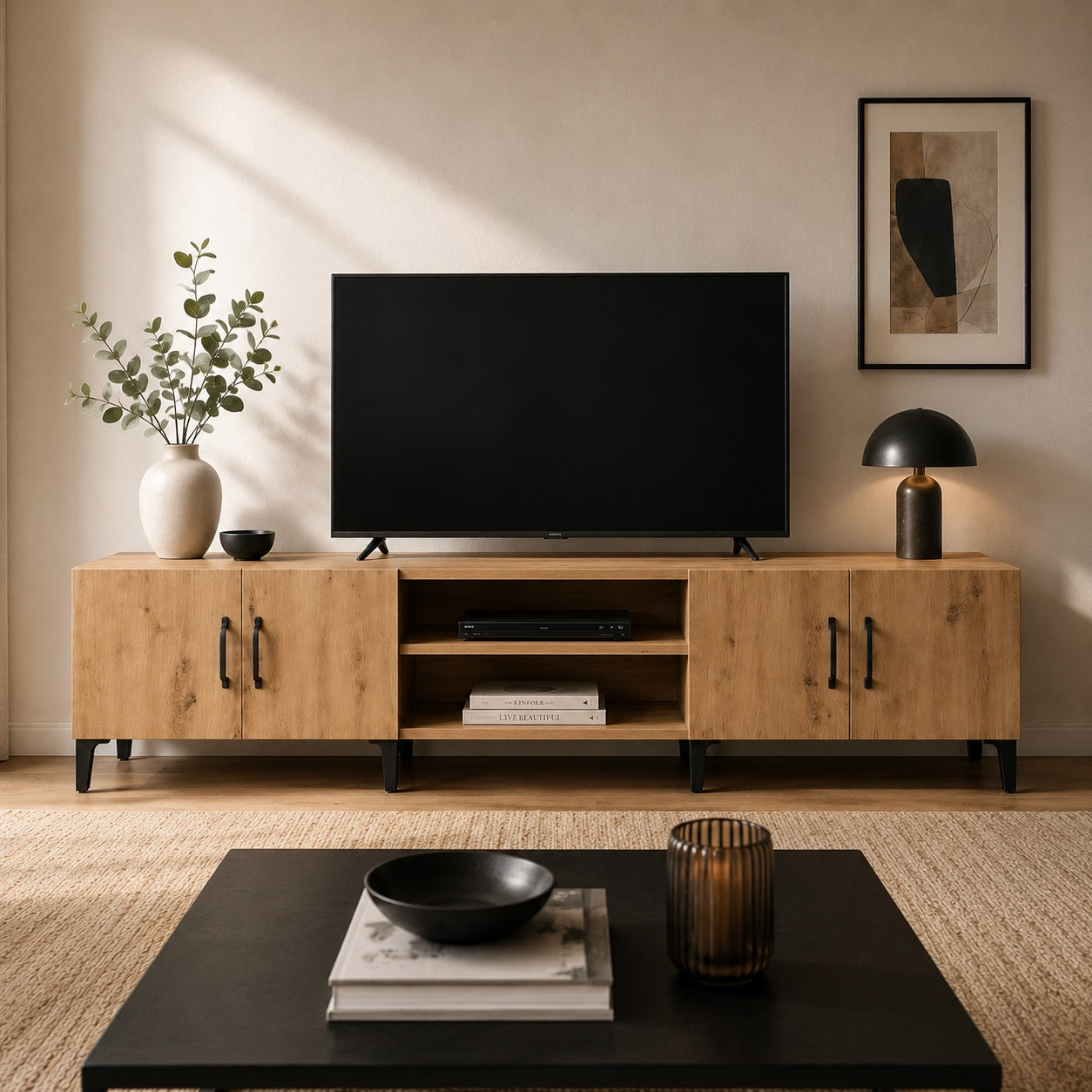 Meuble TV en bois avec rangements spacieux, style industriel élégant pour intérieur chaleureux.