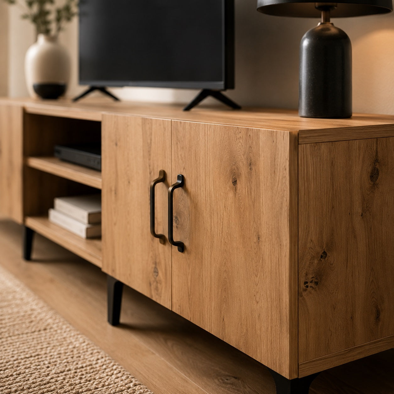 Détail d’un meuble TV en bois avec rangements, poignées noires et finition effet chêne.