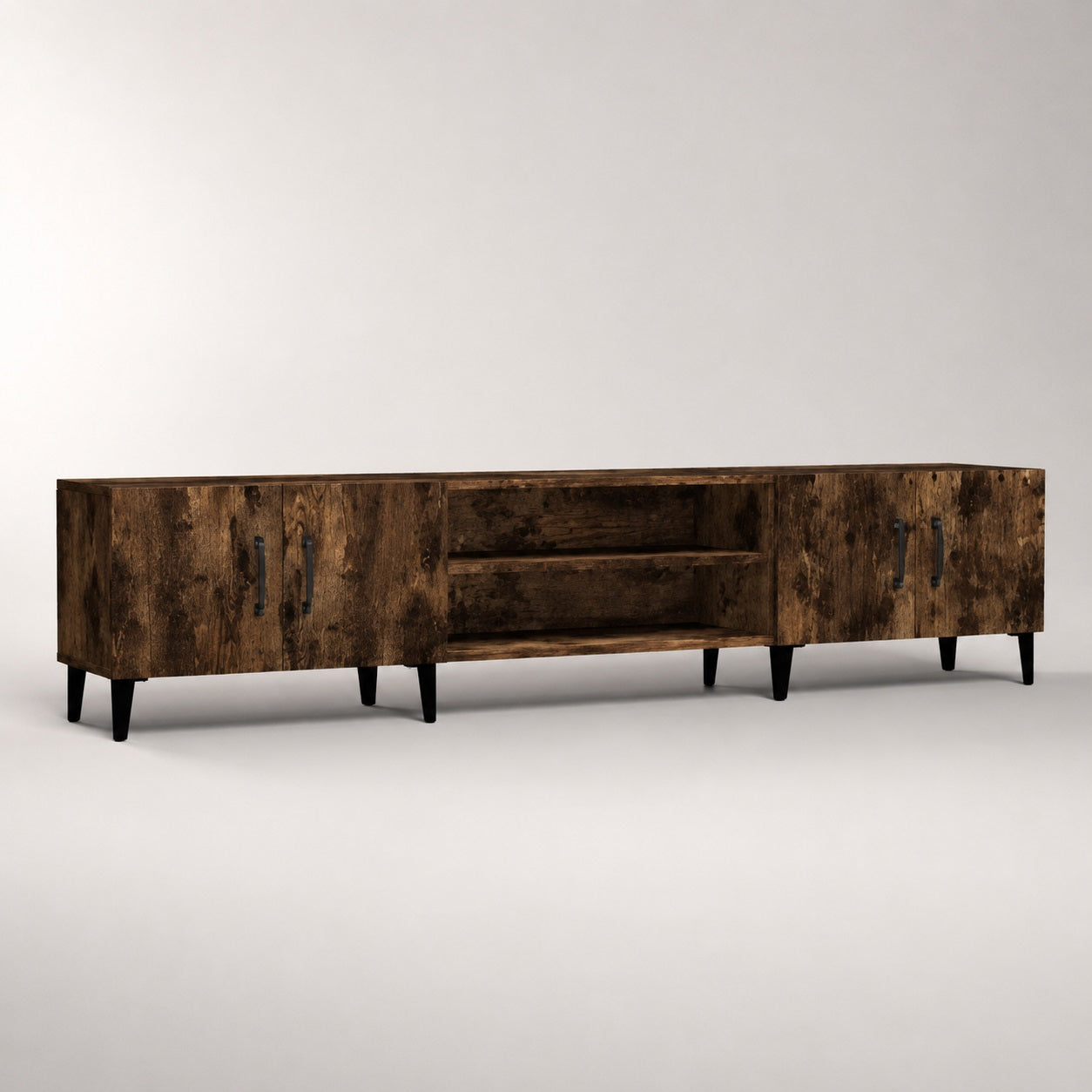 Meuble TV en bois avec rangements finition chêne fumé, style industriel et grande capacité.