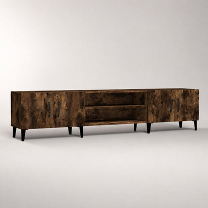 Meuble TV en bois avec rangements finition chêne fumé, style industriel et grande capacité.