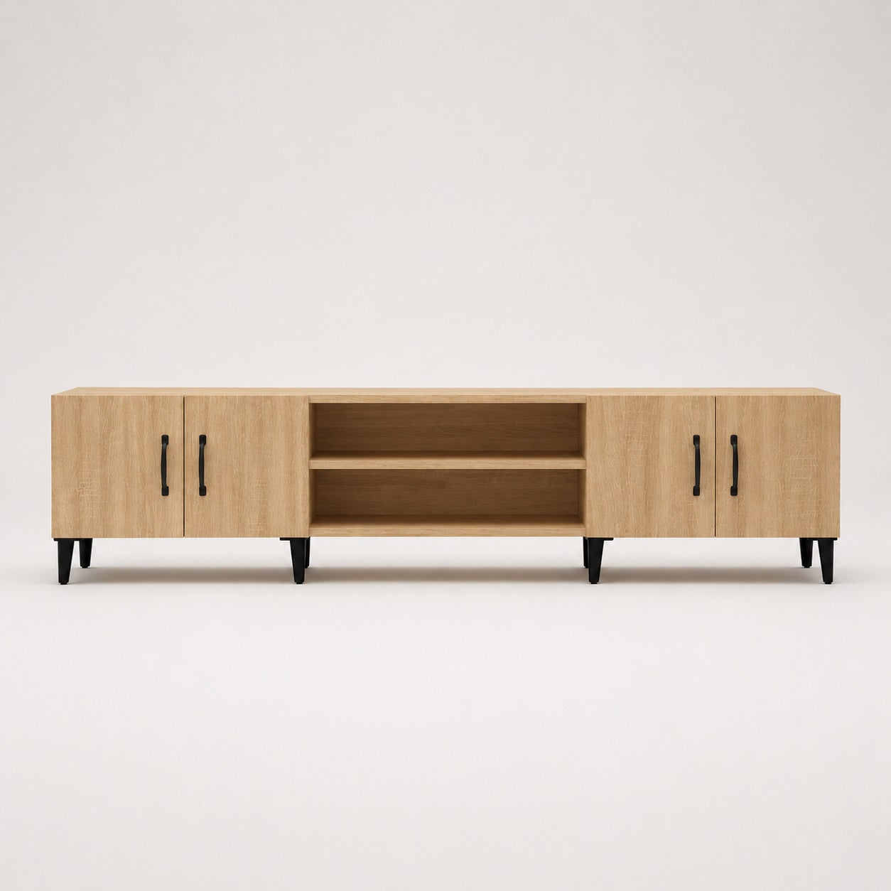 Meuble TV en bois avec rangements, finition chêne sonoma et espace multimédia central.