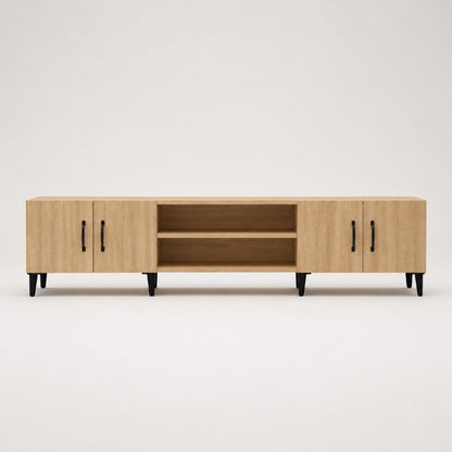 Meuble TV en bois avec rangements, finition chêne sonoma et espace multimédia central.