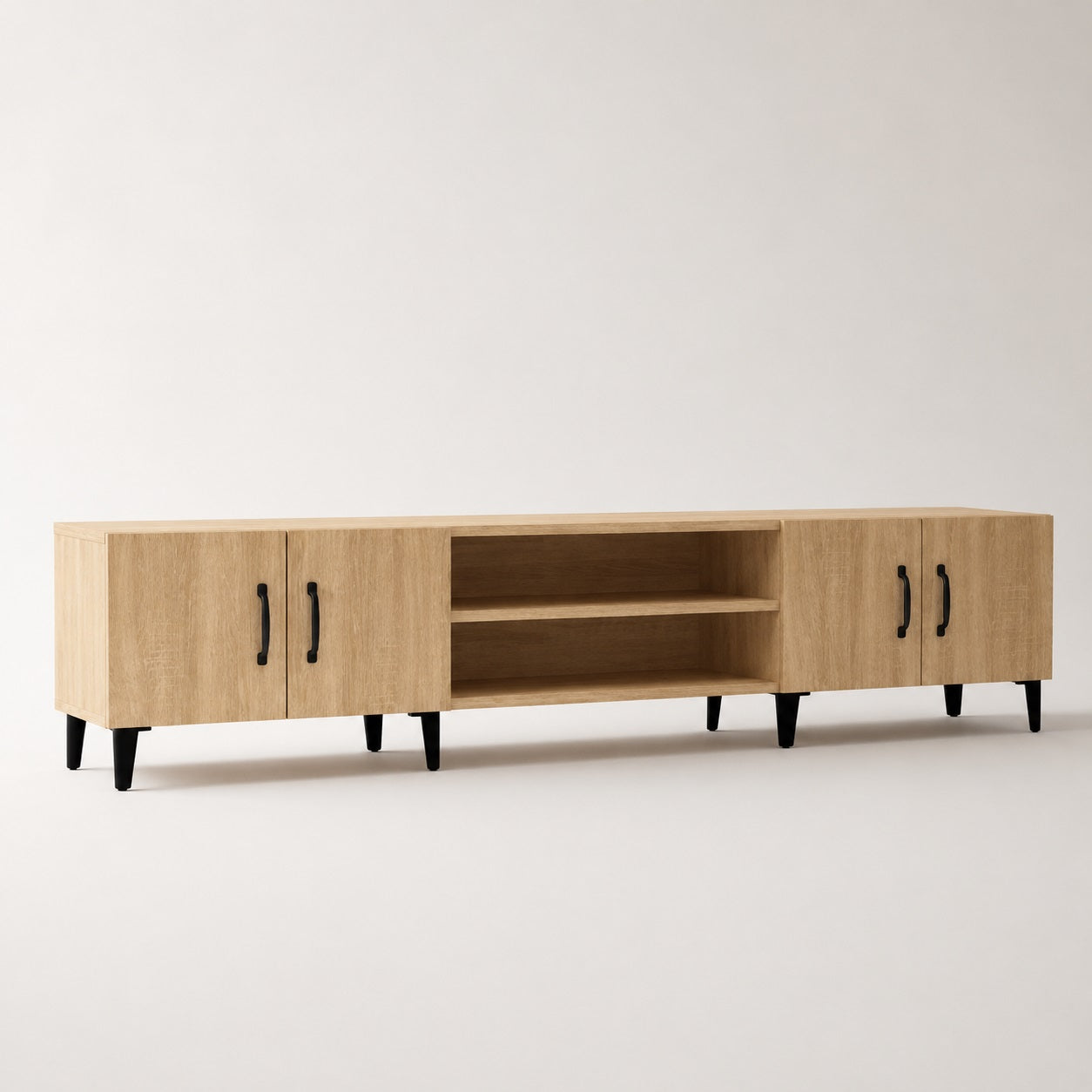 Meuble TV en bois avec rangements finition chêne sonoma, pratique et élégant pour le salon.