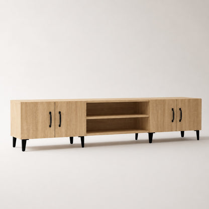 Meuble TV en bois avec rangements finition chêne sonoma, pratique et élégant pour le salon.