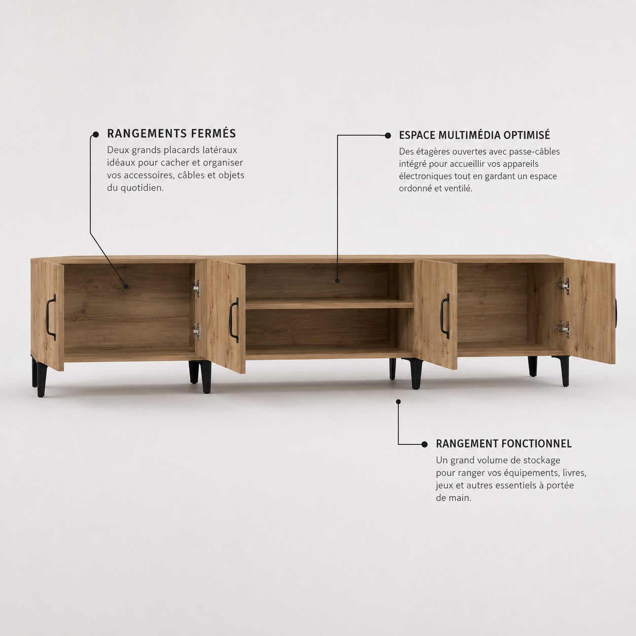 Meuble TV en bois avec rangements et charnières silencieuses pour un usage pratique au quotidien.