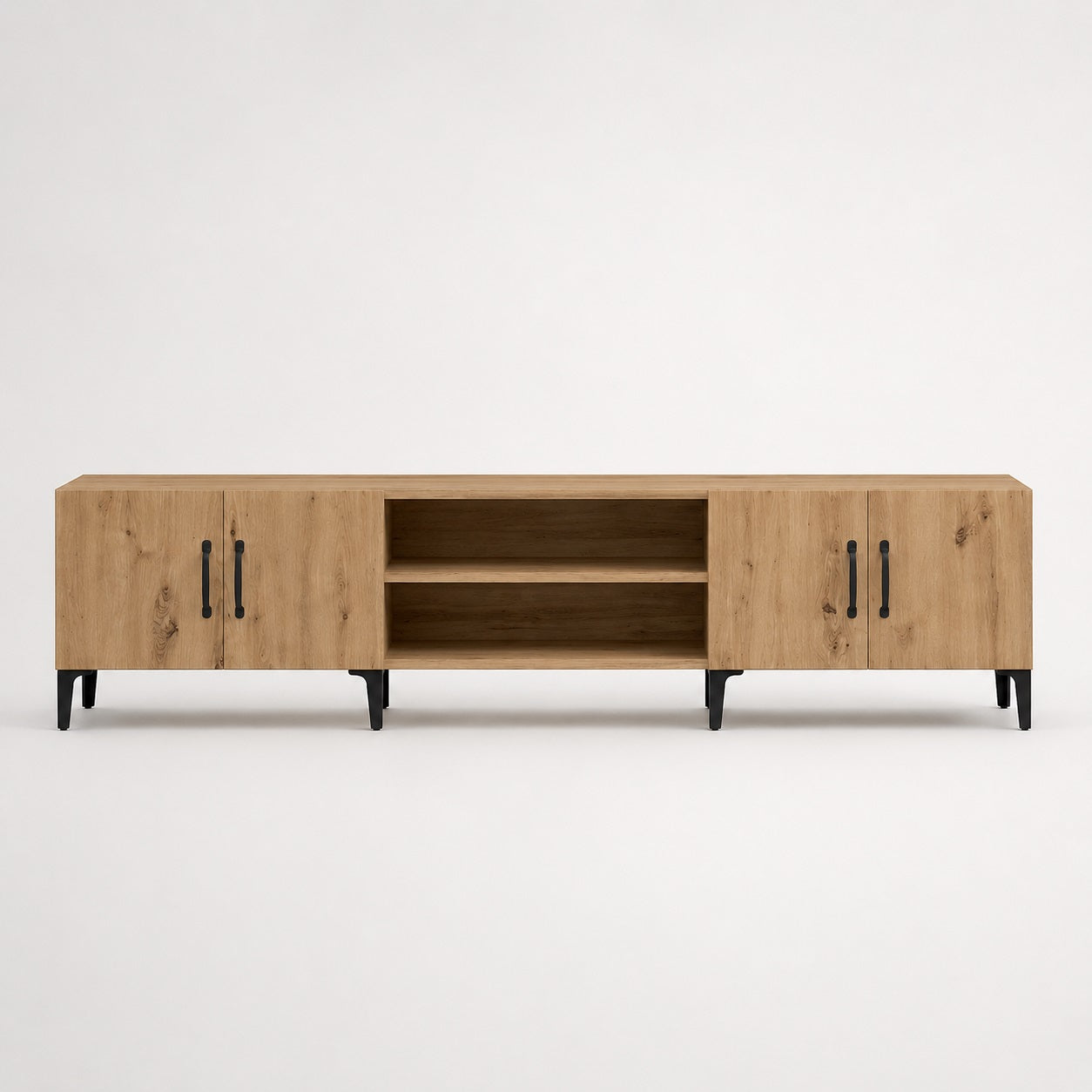 Meuble TV en bois avec rangements fermés et étagères ouvertes pour équipements multimédias.