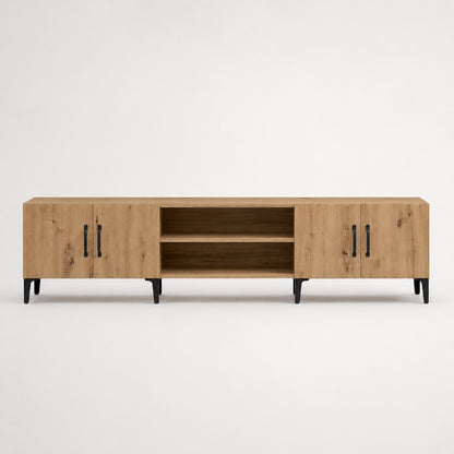 Meuble TV en bois avec rangements fermés et étagères ouvertes pour équipements multimédias.