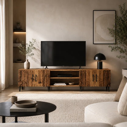 Meuble TV en bois avec rangements, finition vieux bois et compartiments pratiques pour le salon.