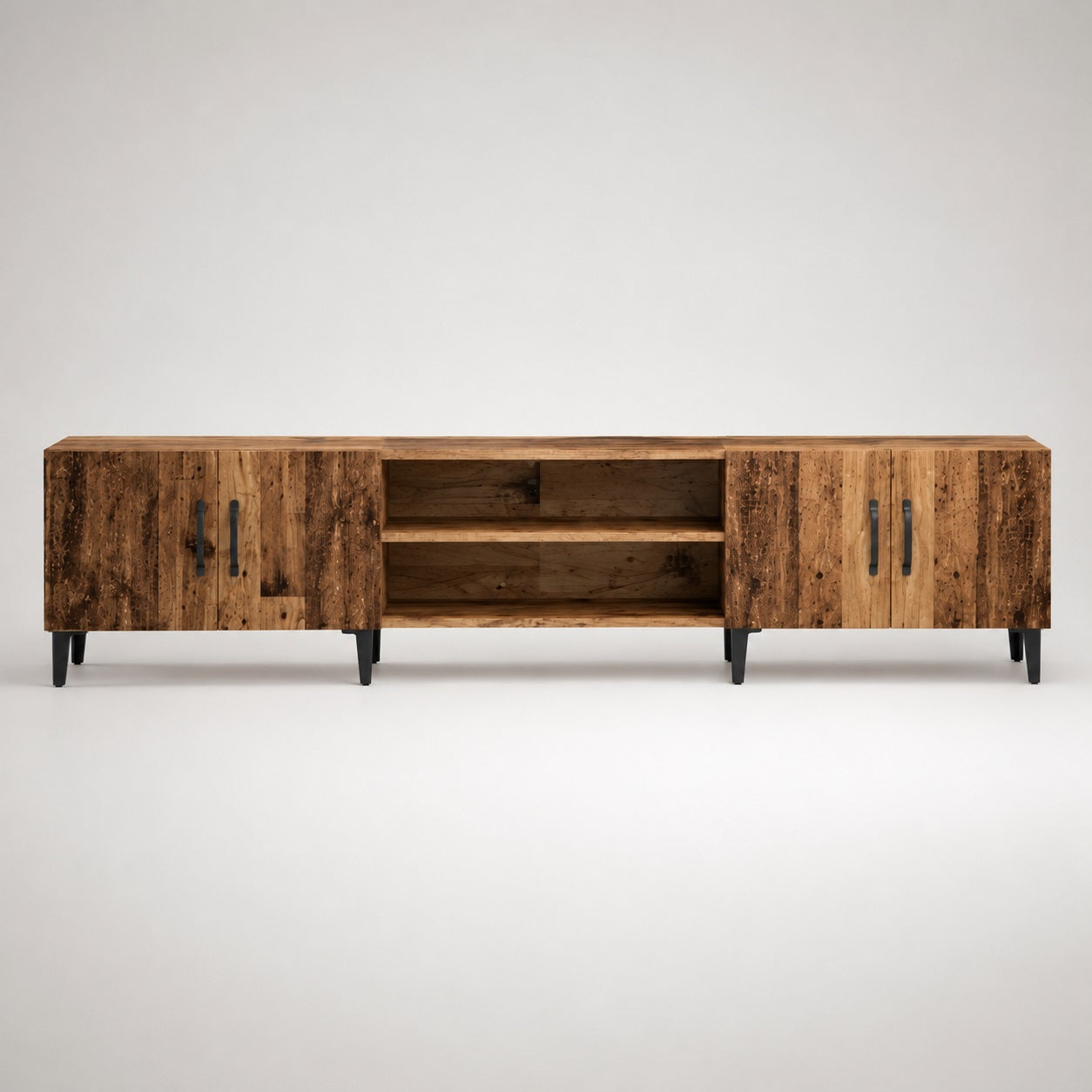 Meuble TV en bois avec rangements, finition vieux bois, sur fond blanc gris