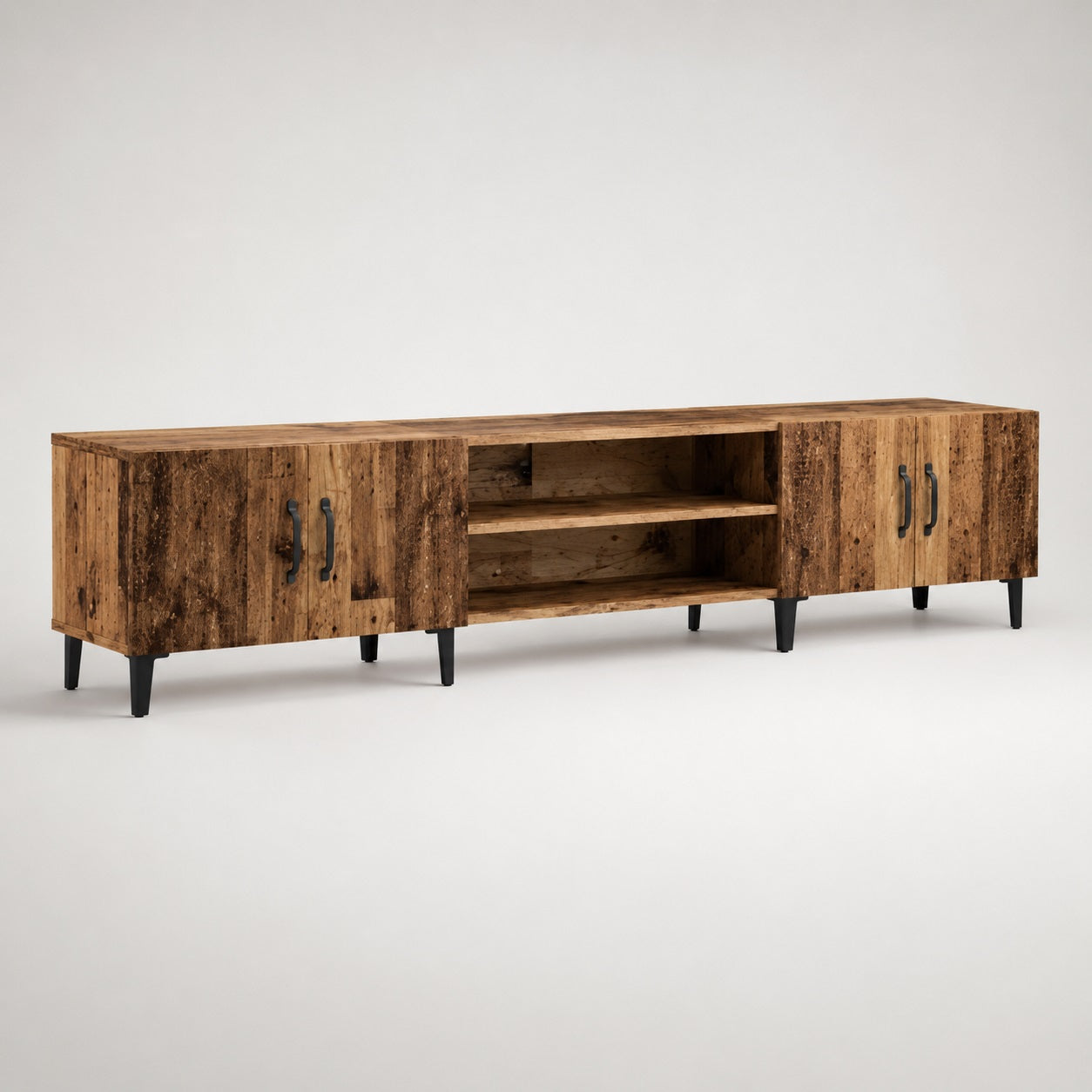 Meuble TV en bois avec rangements vieux bois dans un salon chaleureux au style industriel.