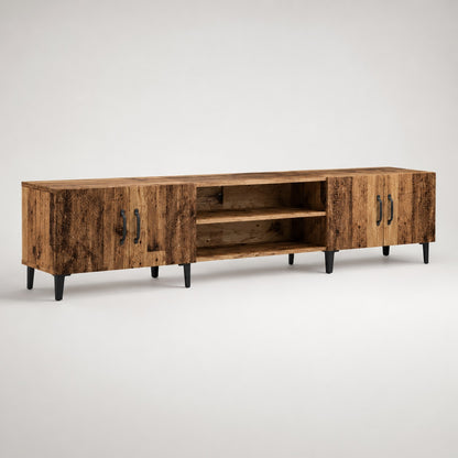 Meuble TV en bois avec rangements vieux bois dans un salon chaleureux au style industriel.