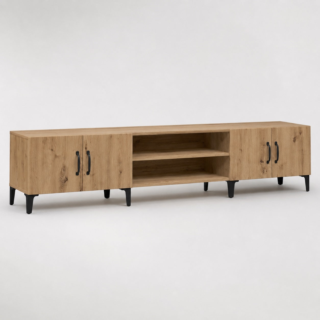 Meuble TV en bois avec rangements, design industriel et étagères centrales pour salon moderne.