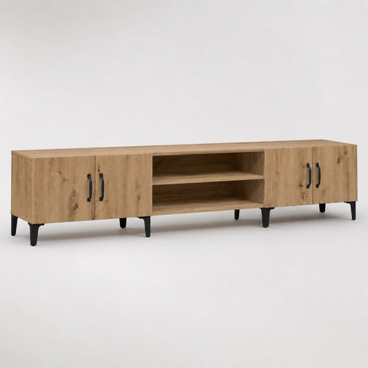Meuble TV en bois avec rangements, design industriel et étagères centrales pour salon moderne.