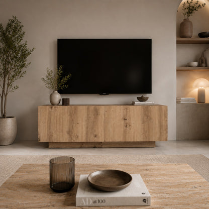Meuble TV en bois style minimaliste, meuble TV avec rangement pour un salon chaleureux.