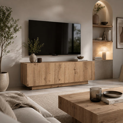 Meuble TV en bois dans un salon contemporain, meuble TV avec rangement élégant et fonctionnel.