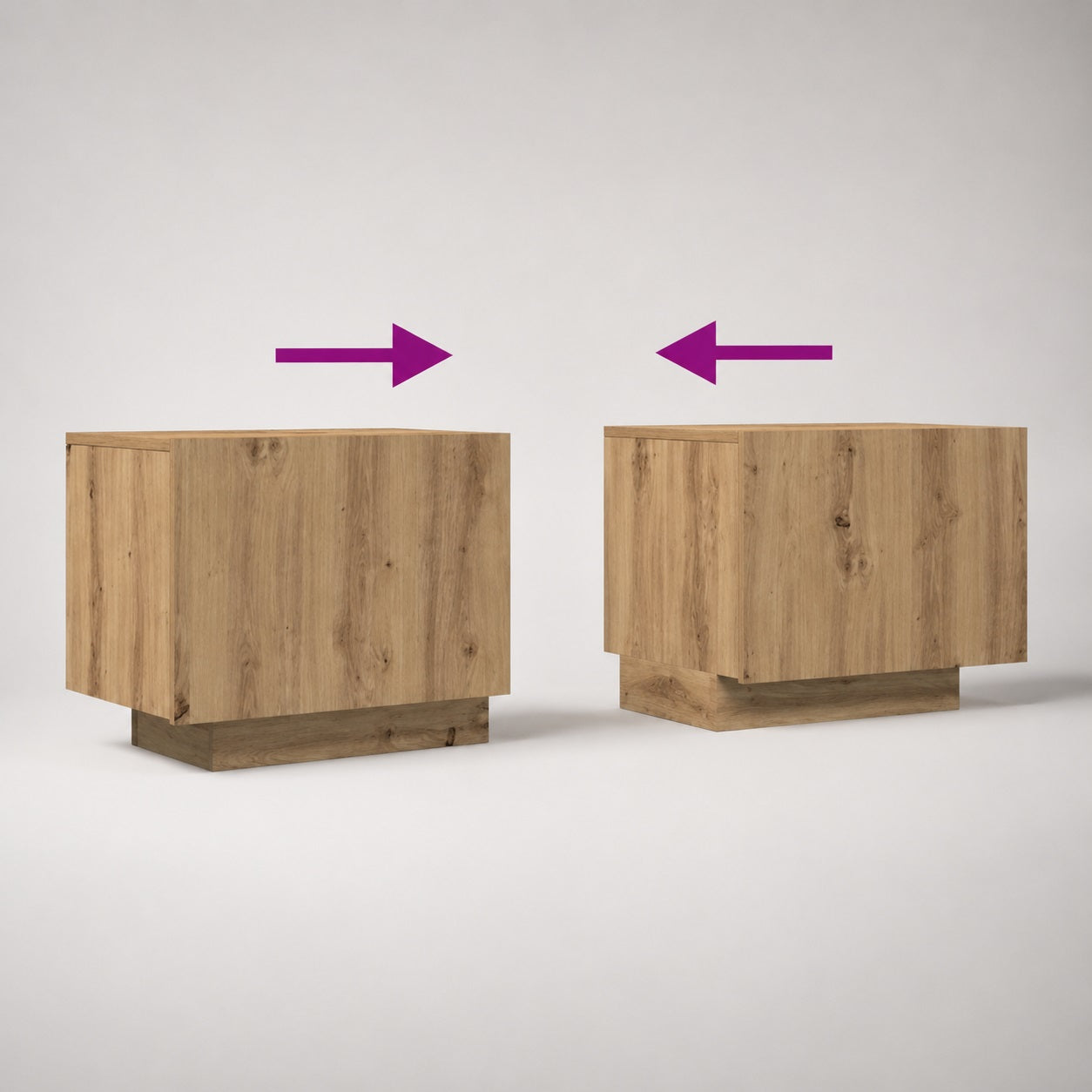 Détails du meuble TV en bois avec rangement fermé et finitions soignées effet chêne.