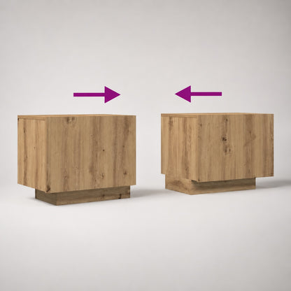 Détails du meuble TV en bois avec rangement fermé et finitions soignées effet chêne.