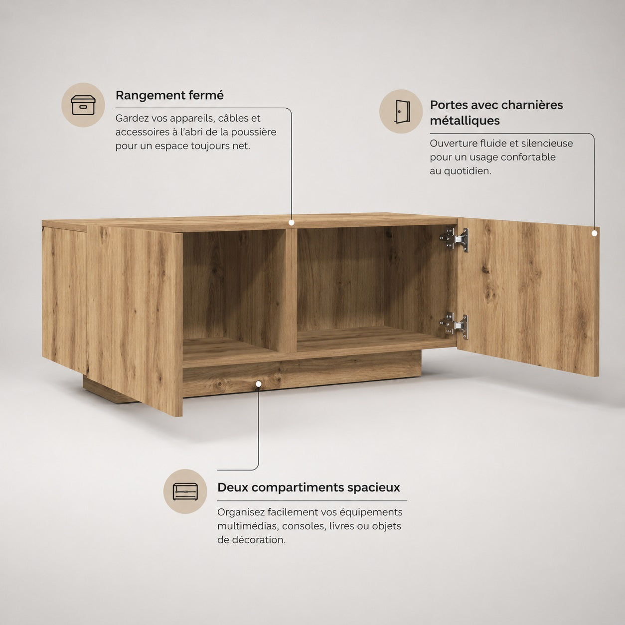 Meuble TV en bois avec rangement fermé, deux compartiments spacieux et portes à charnières.