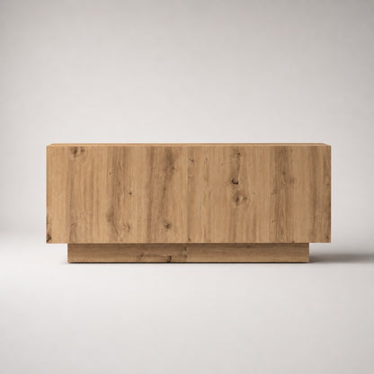Meuble TV en bois vue de face, meuble TV avec rangement moderne pour salon contemporain.