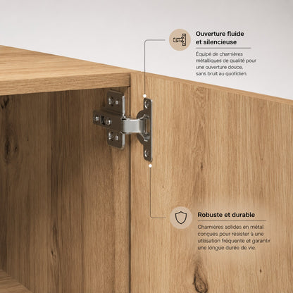 Détail de charnière sur meuble TV en bois avec rangement, ouverture fluide et fermeture silencieuse.