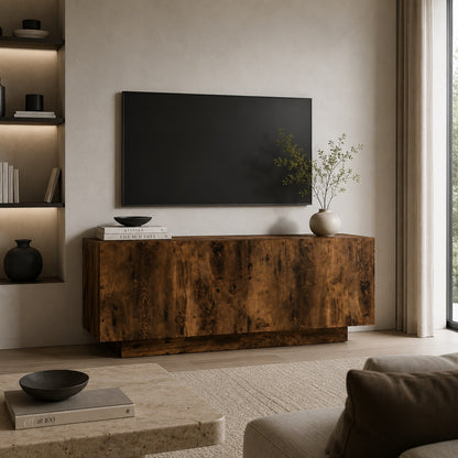 Meuble TV en bois chêne fumé dans salon contemporain, meuble TV avec rangement discret.