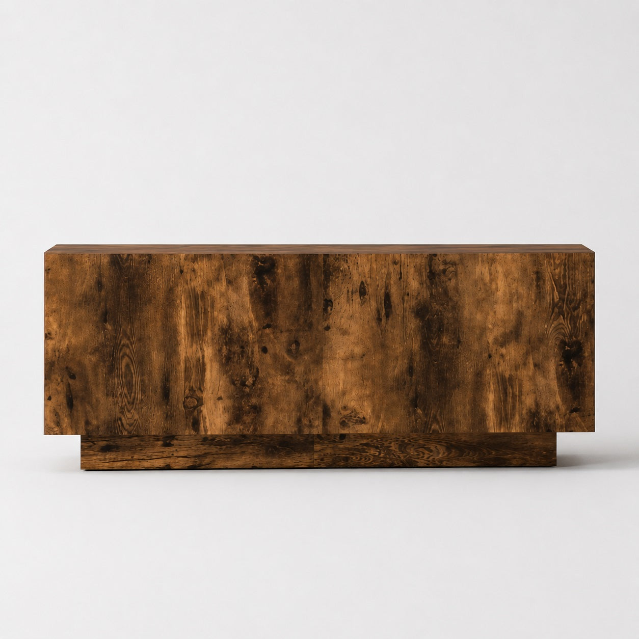 Meuble TV en bois chêne fumé vue de face, meuble TV avec rangement et style raffiné.