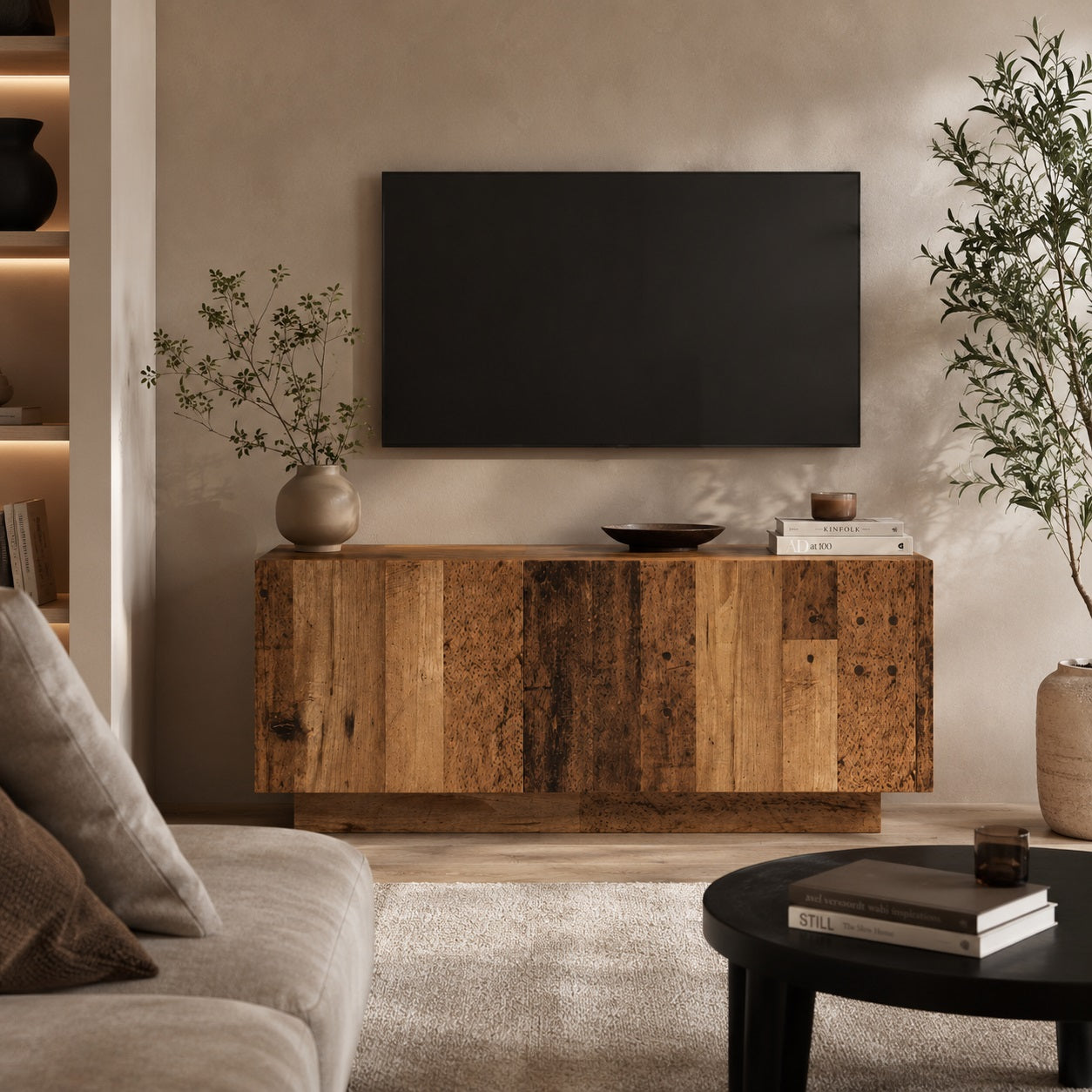 Meuble TV en bois effet vieux bois dans salon chaleureux, meuble TV avec rangement pratique.