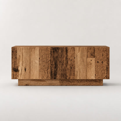 Meuble TV en bois effet vieux bois vue de face, meuble TV avec rangement au design authentique et chaleureux.