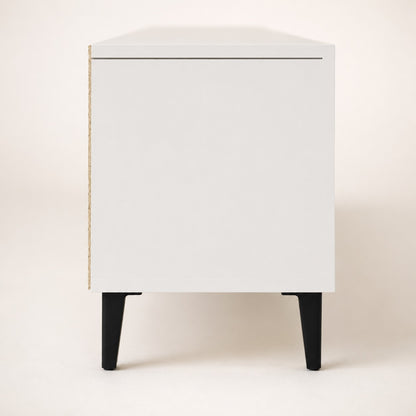 Vue latérale d’un meuble TV moderne avec rangements, finition blanche et pieds noirs design