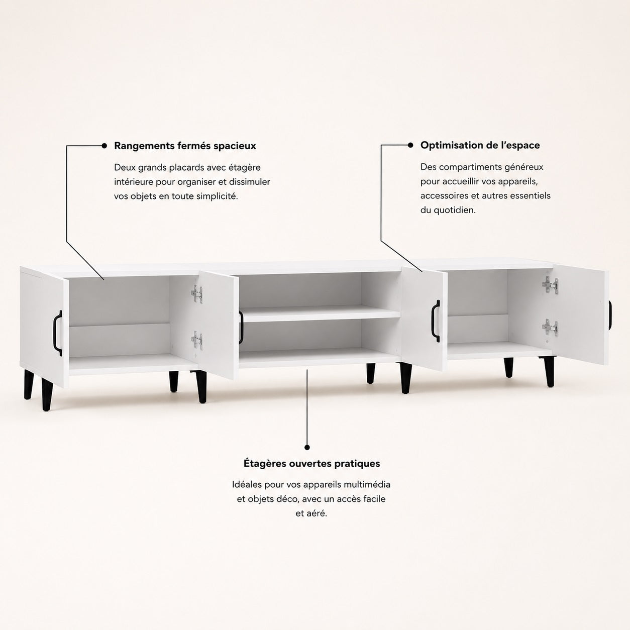Meuble TV moderne avec rangements fermés et étagères ouvertes pour optimiser l’espace salon